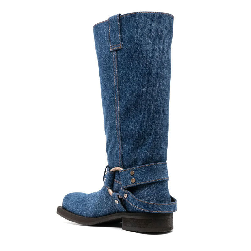 Denim Harness Mid-Calf Boots