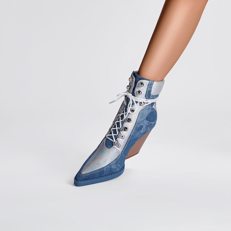 Denim Lace-Up Heeled Ankle Boots