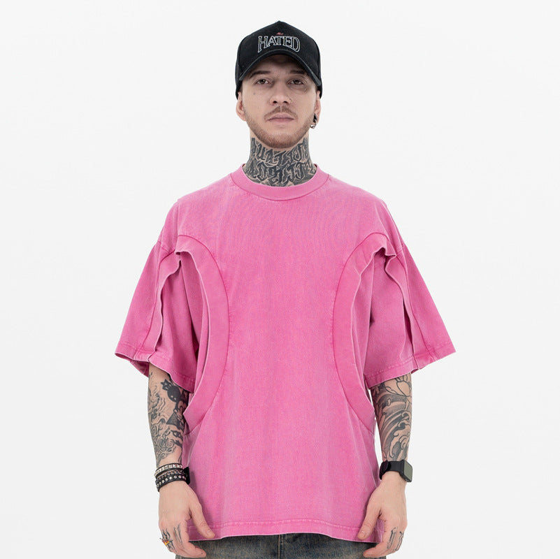 Stitching Deconstruction High Street European And American Solid Color Loose Round Neck Short Sleeve T-shirt