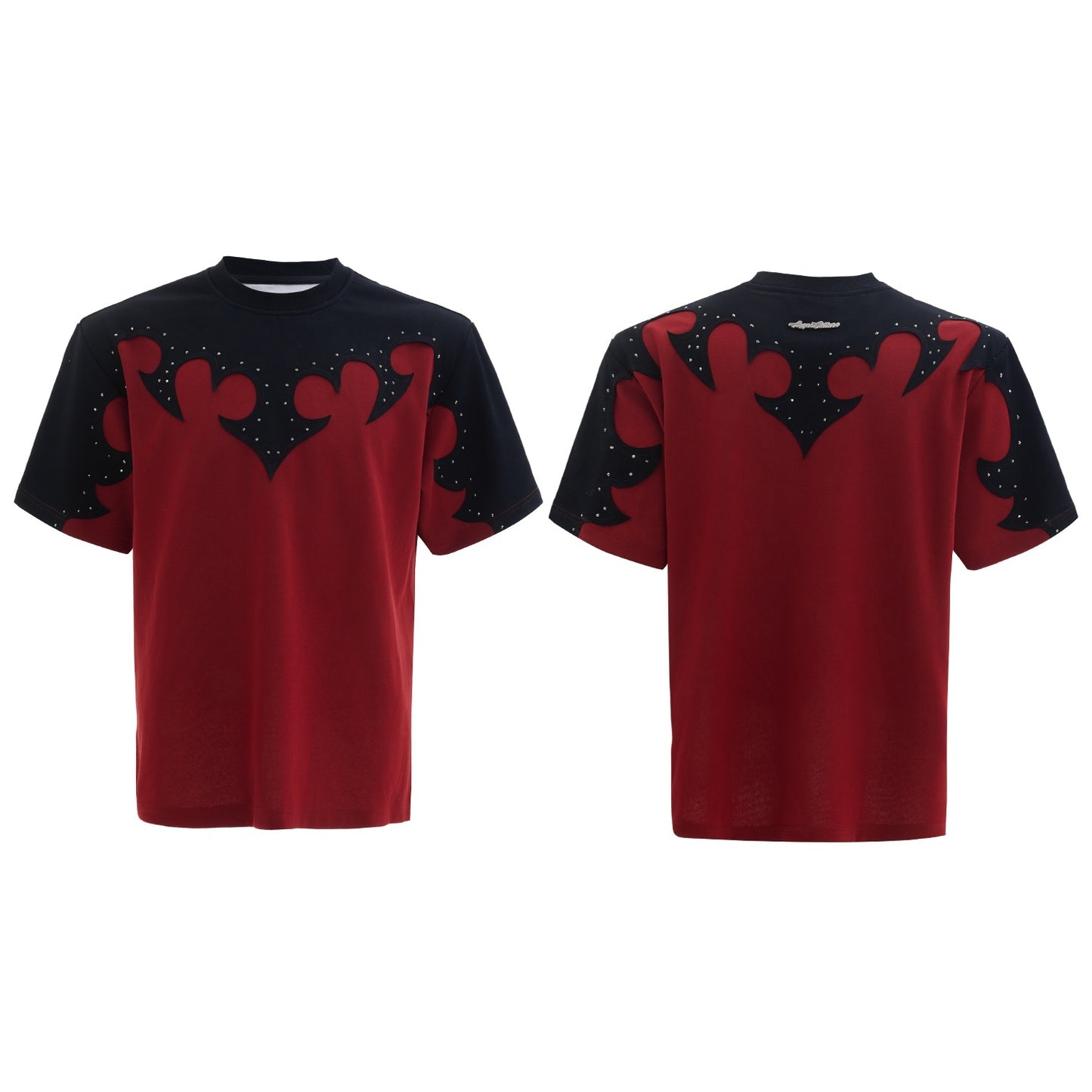 Three-dimensional Stitching Burnt Flower Round Neck Short Sleeve Men's Hot Rhinestone Heavy Cotton