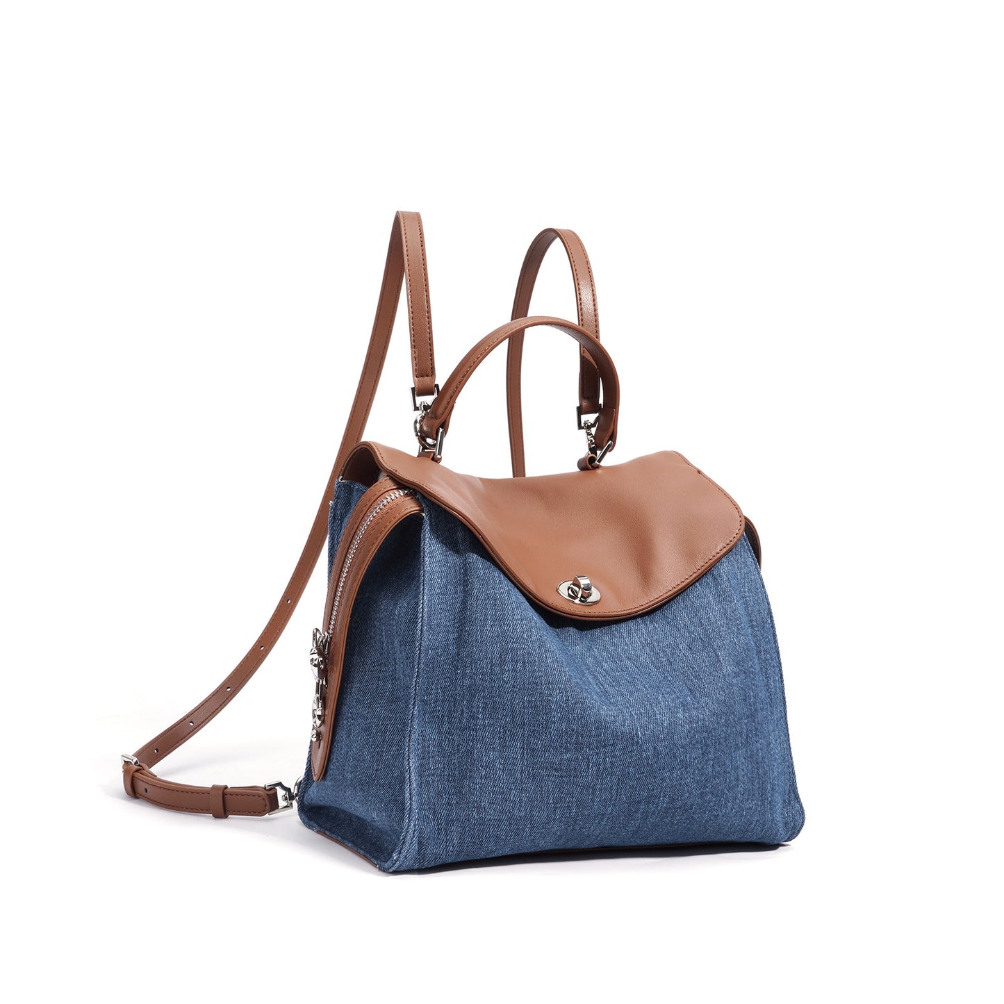 Denim–Leather Structured Carry Backpack