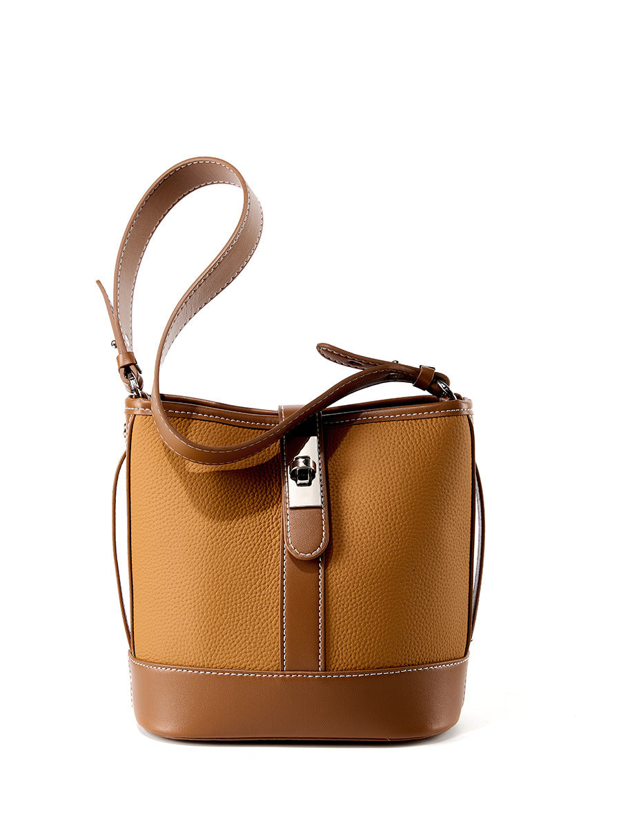 Two-Tone Structured Bucket Bag in First-Layer Cowhide
