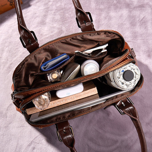 Vintage Multi-Zip Genuine Leather Handbag