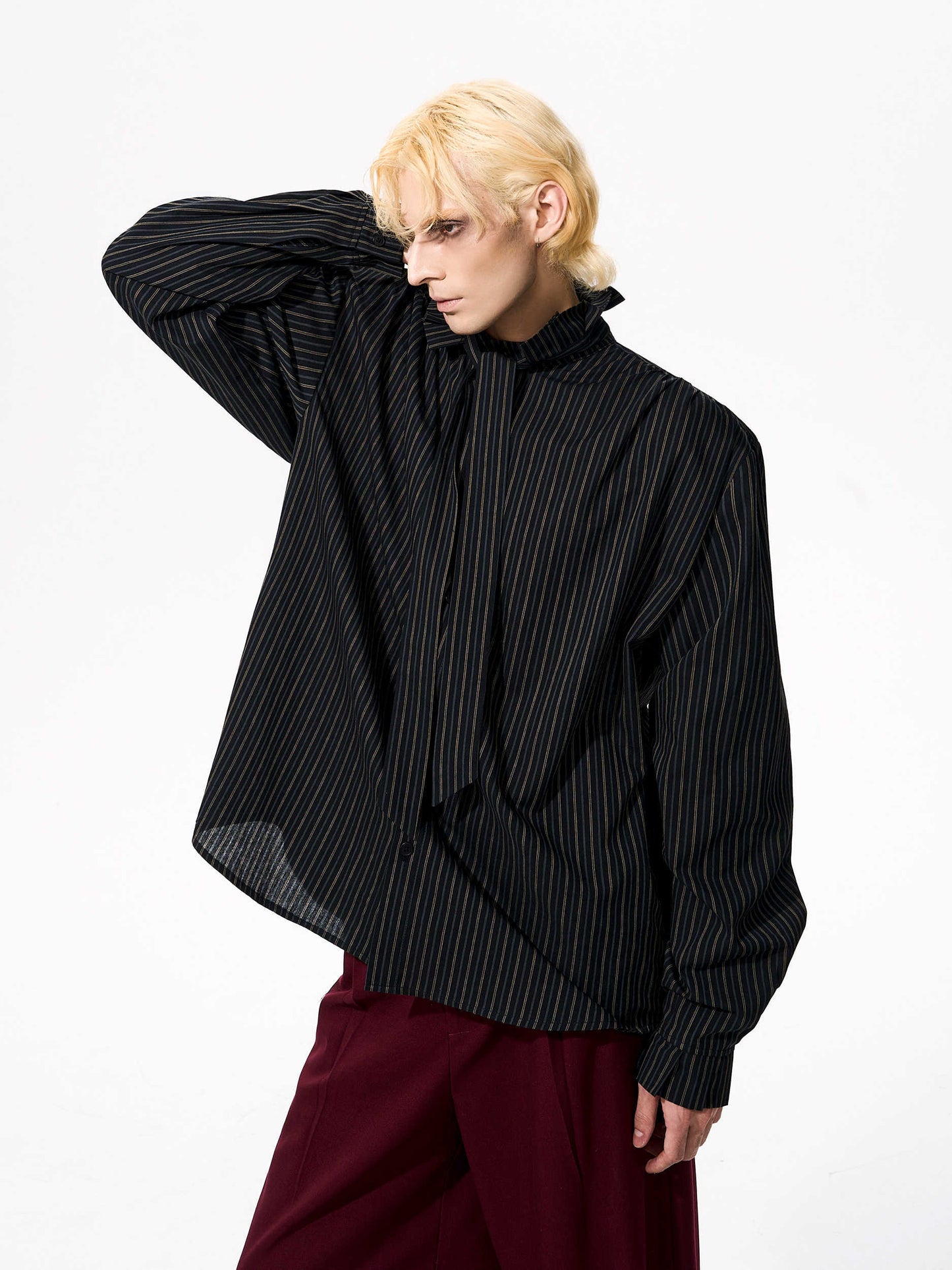 French Style Vintage Vertical Stripes Long Sleeve Tie Shirt