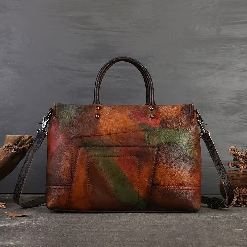 Structured Leather Tote with Layered Patch Detail