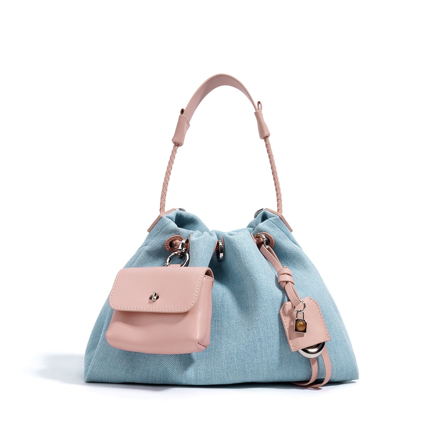 Denim & Cowhide Drawstring Form Bag