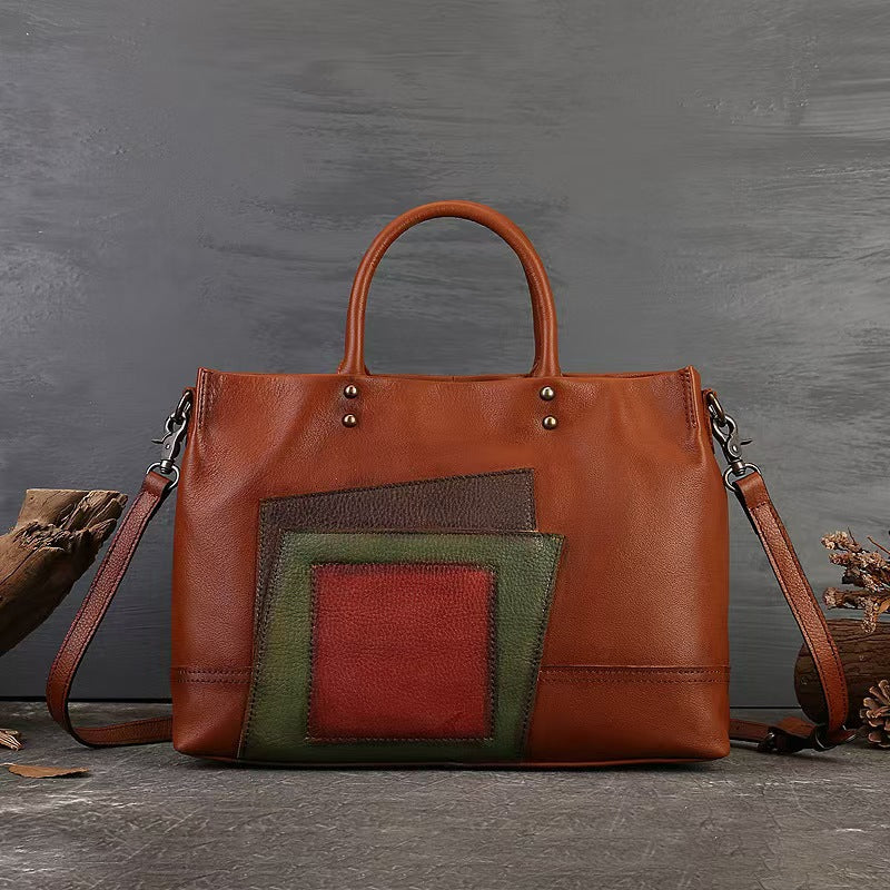 Structured Leather Tote with Layered Patch Detail