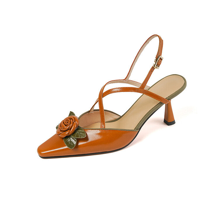 Pointed Slingback Heel with Leather Rose – First-Layer Cowhide