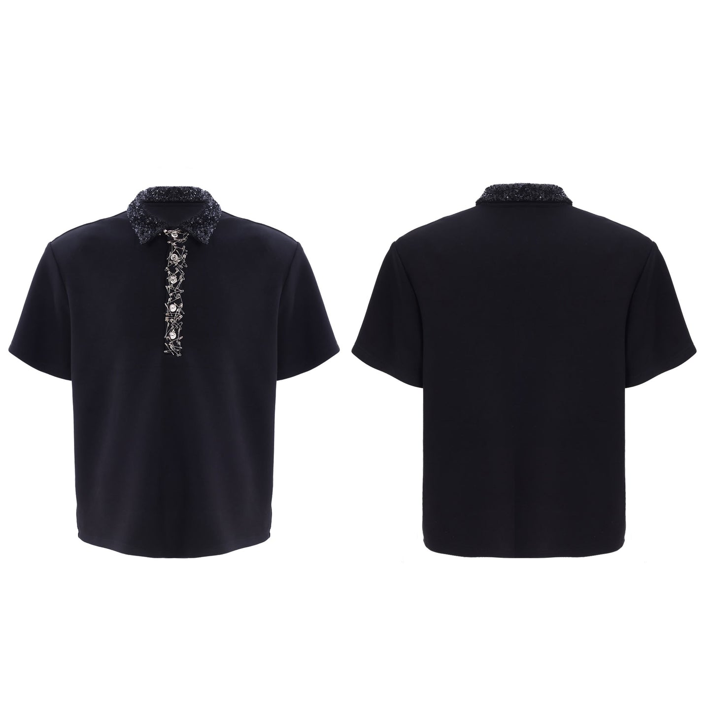 Heavy Embroidery Sequins Square Collar Short Sleeve Pin Loose Polo T-shirt