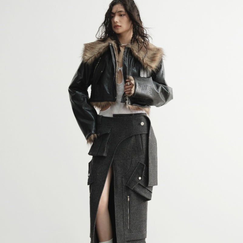 Wild Loose Feeling Fur Reverse Leather Jacket Short Coat