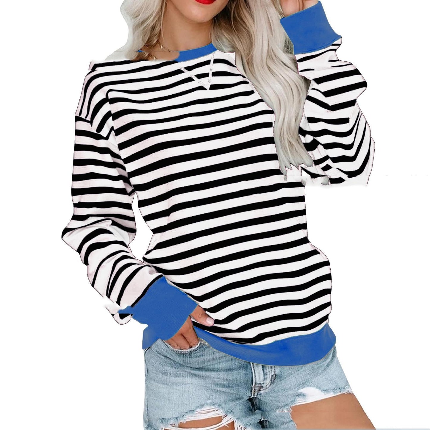 Striped Contrast Color Round Neck Trendy Long-sleeve