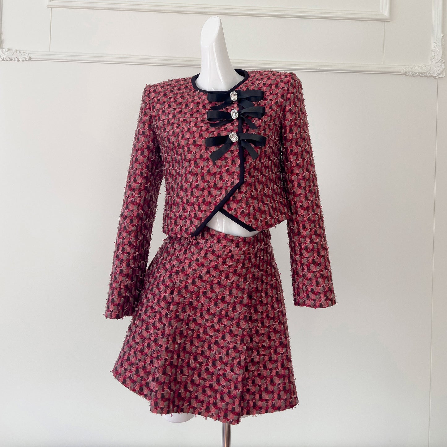 Red Tweed Long Sleeve Top Coat With Short Skirt