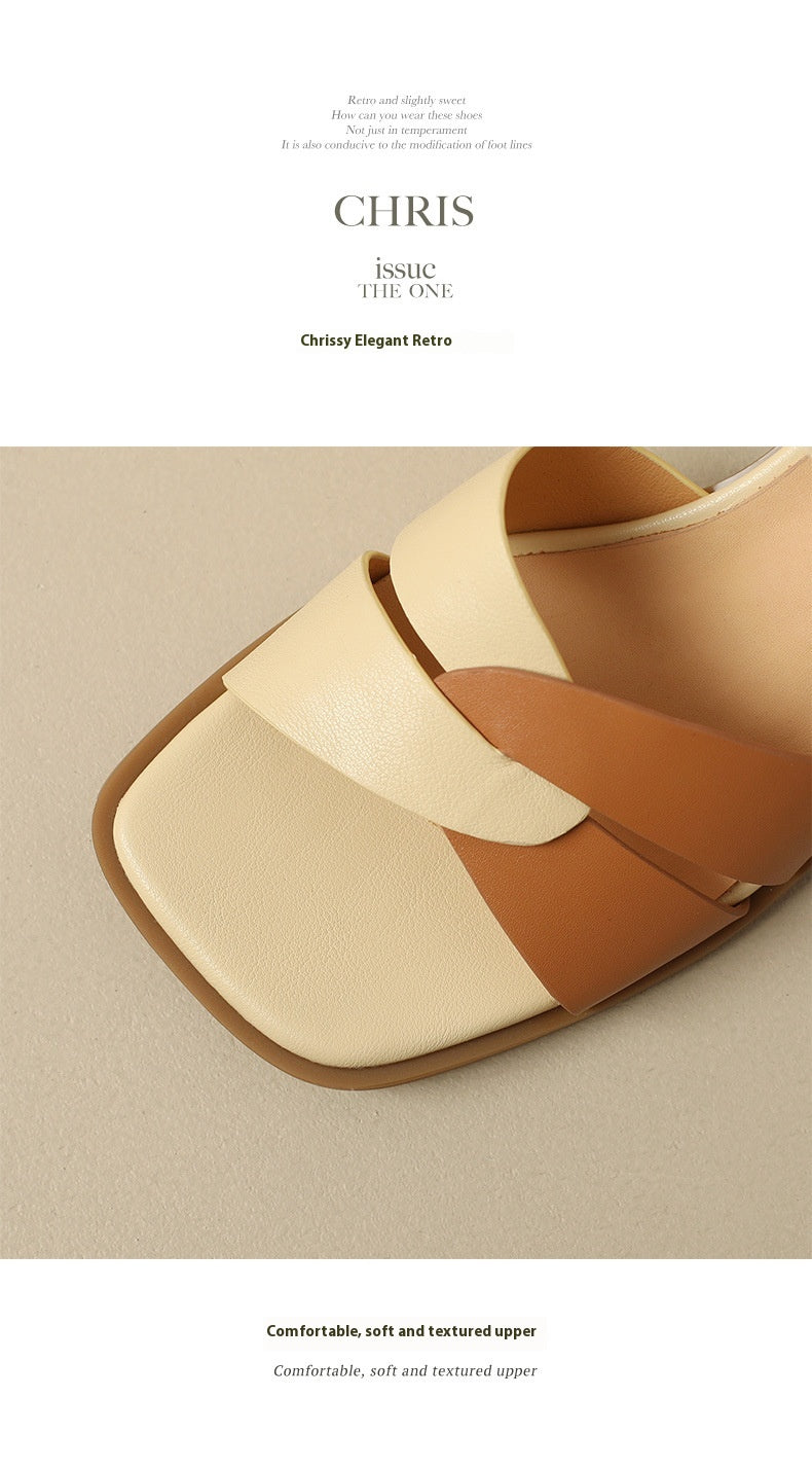 First-Layer Cowhide Low-Heel Sandal – Dual Strap Structure