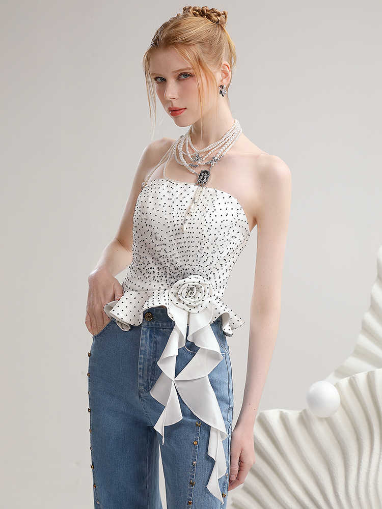 Summer Contrast Color Polka Dot Irregular Spaghetti-strap Top