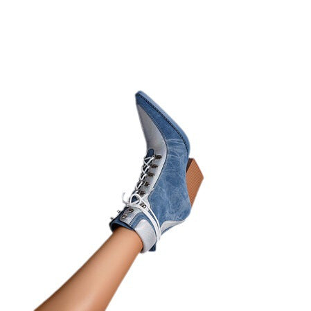 Denim Lace-Up Heeled Ankle Boots