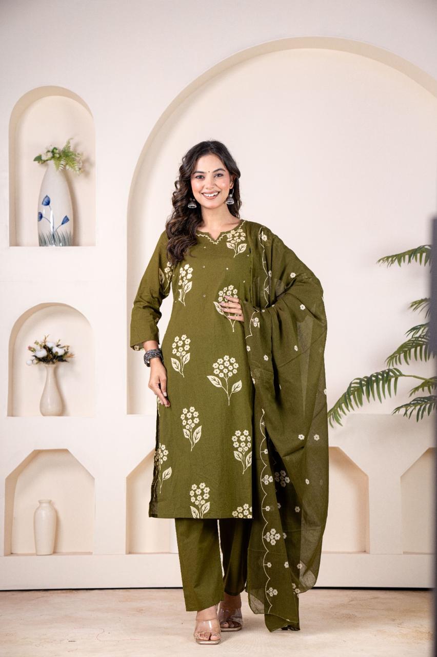 TATVANI Floral Print Cotton Kurta Set with Dupatta
