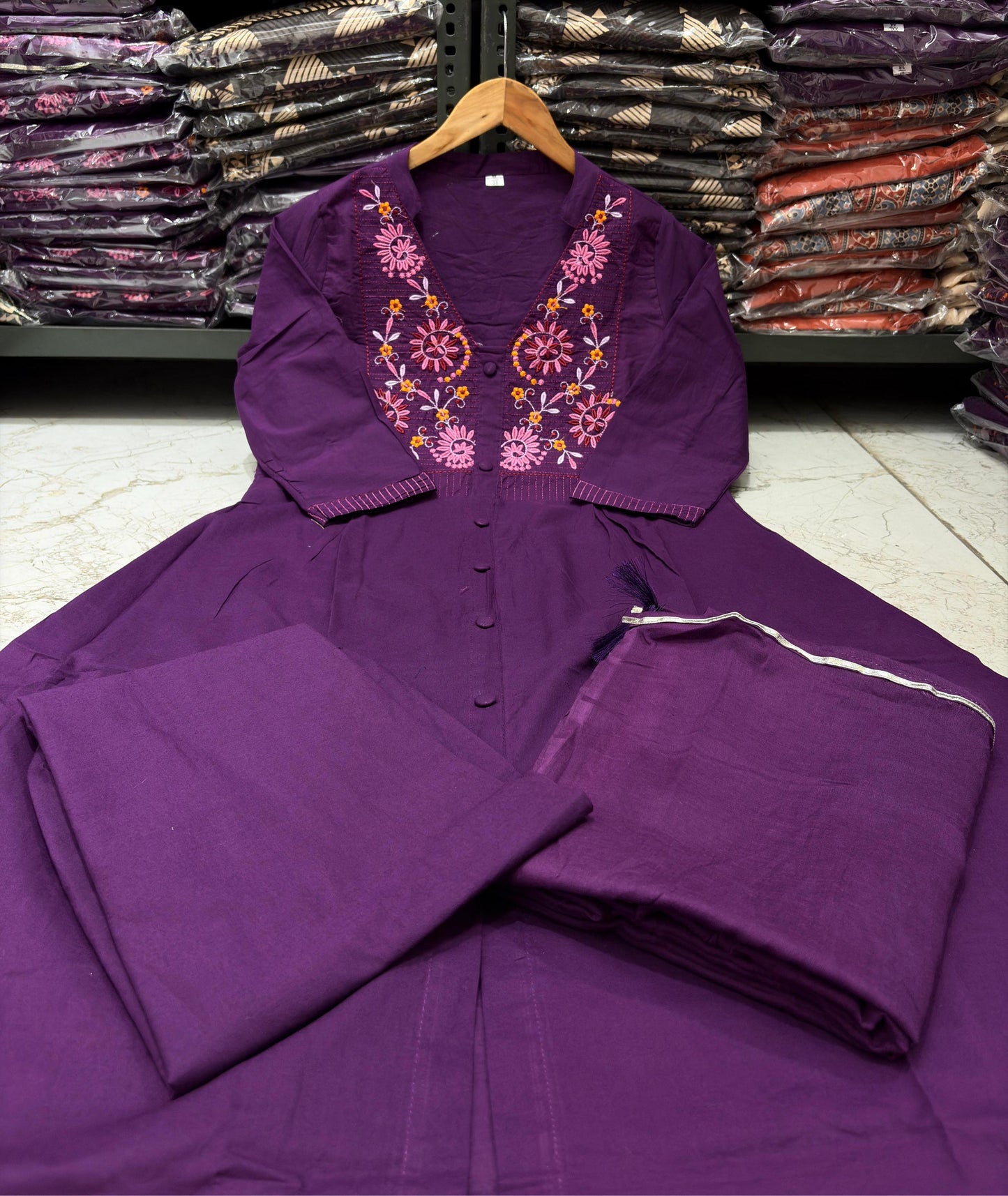 TATVANI Embroidered Cotton A-Line Kurta Set with Mal Mal Dupatta