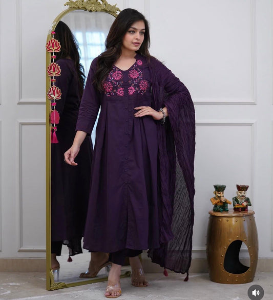 TATVANI Embroidered Cotton A-Line Kurta Set with Mal Mal Dupatta