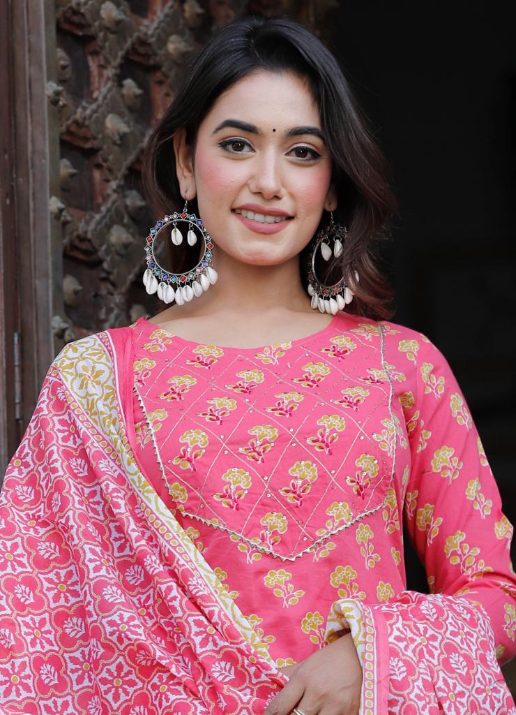 TATVANI Printed Cotton Kurta Set with Embroidered Dupatta