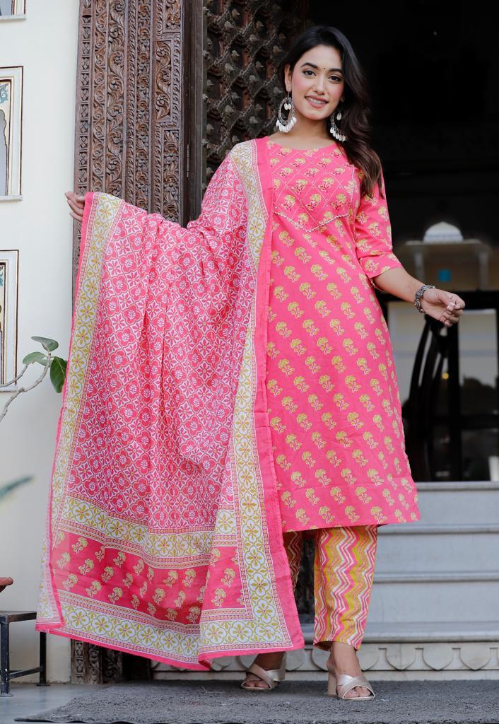 TATVANI Printed Cotton Kurta Set with Embroidered Dupatta