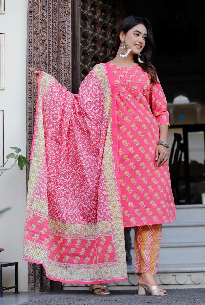 TATVANI Printed Cotton Kurta Set with Embroidered Dupatta
