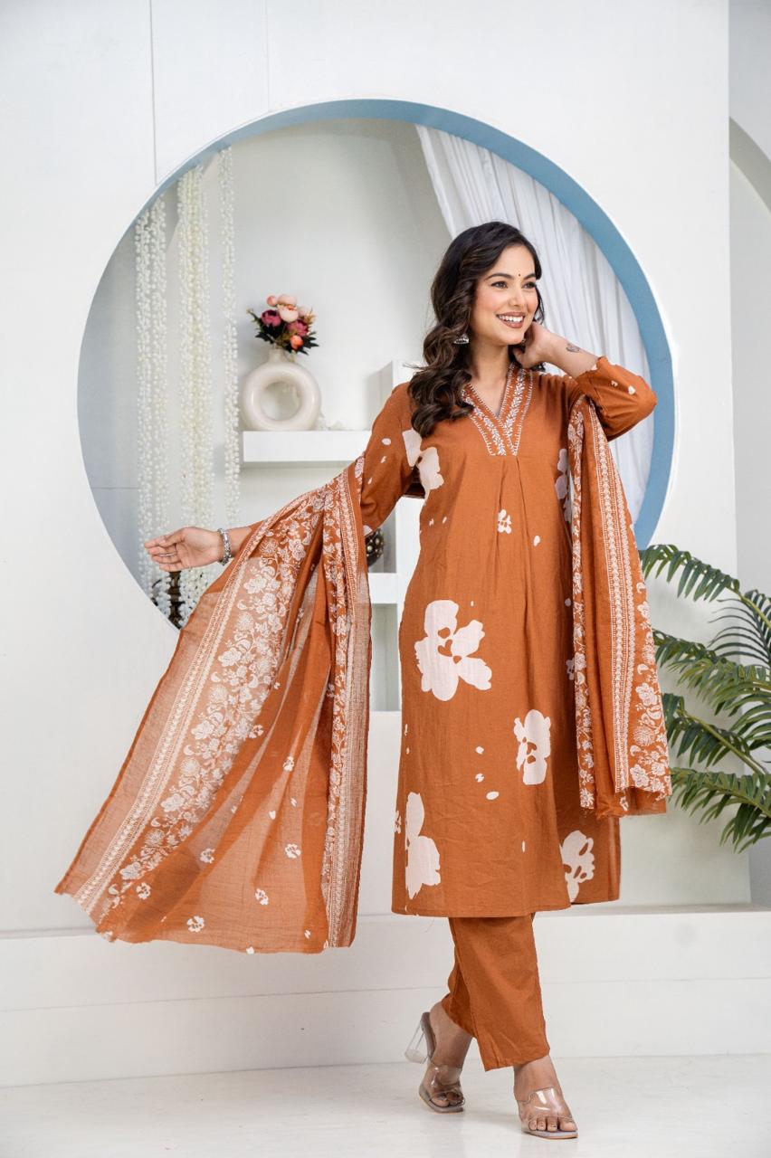 TATVANI Embroidered Cotton Kurta Set with Dupatta
