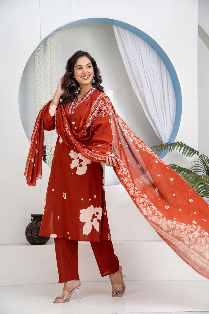 TATVANI Embroidered Cotton Kurta Set with Dupatta