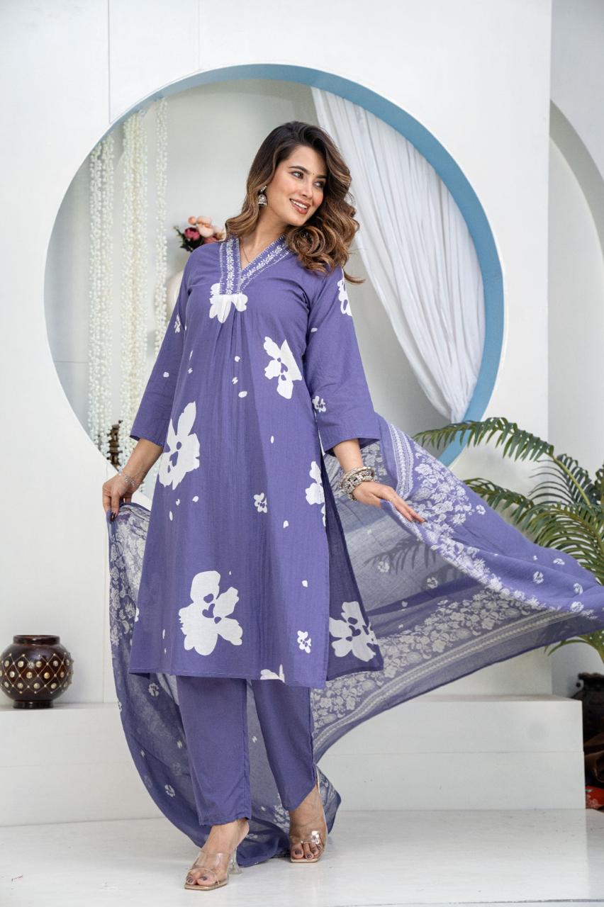 TATVANI Embroidered Cotton Kurta Set with Dupatta