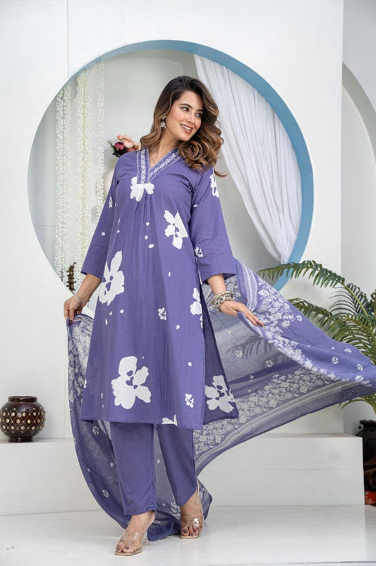 TATVANI Embroidered Cotton Kurta Set with Dupatta