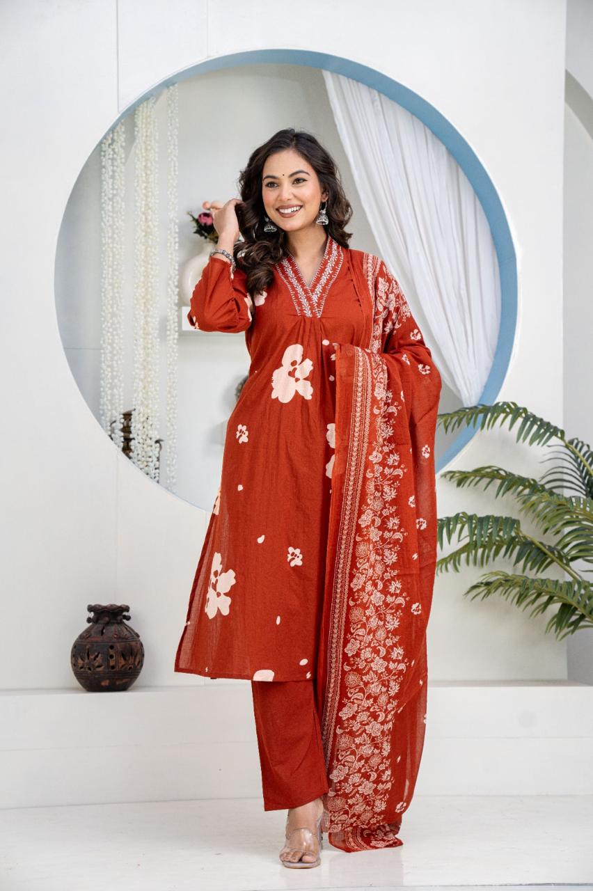 TATVANI Embroidered Cotton Kurta Set with Dupatta
