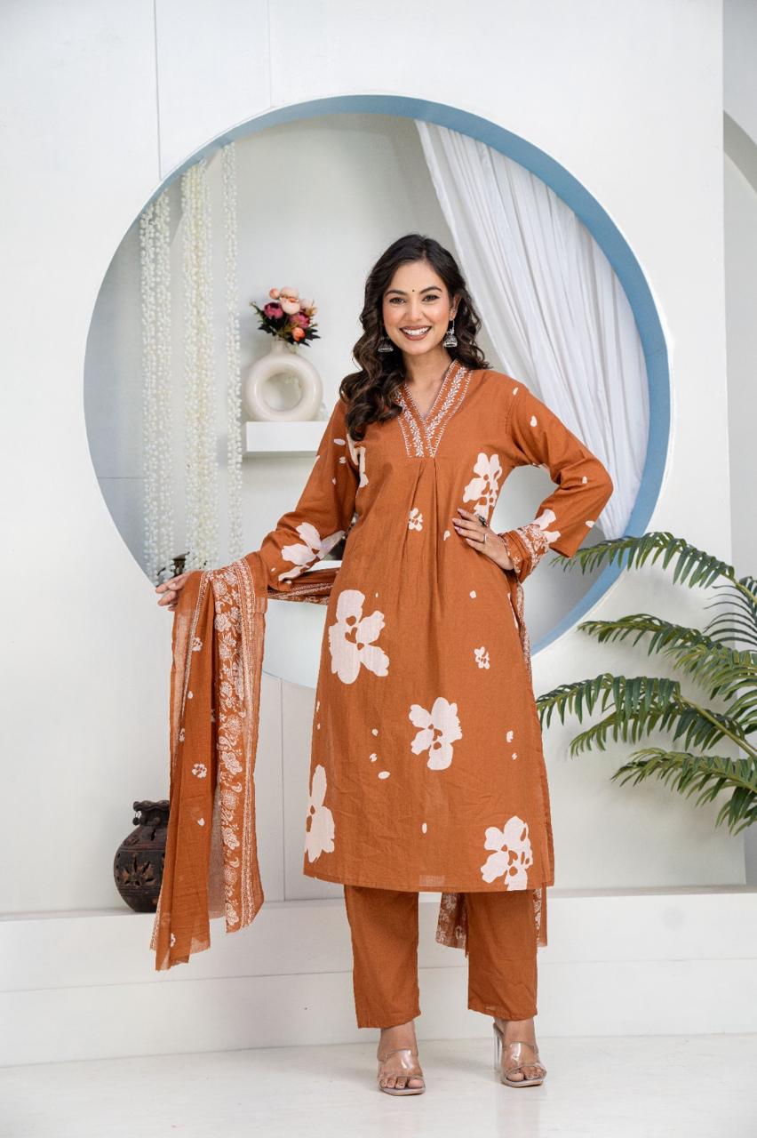 TATVANI Embroidered Cotton Kurta Set with Dupatta