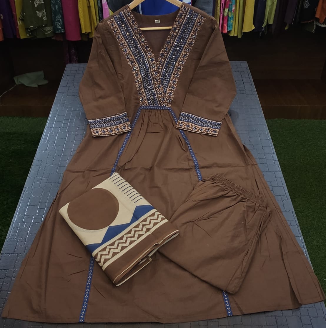 TATVANI Adda Work Cotton Kurta Set with Printed Dupatta