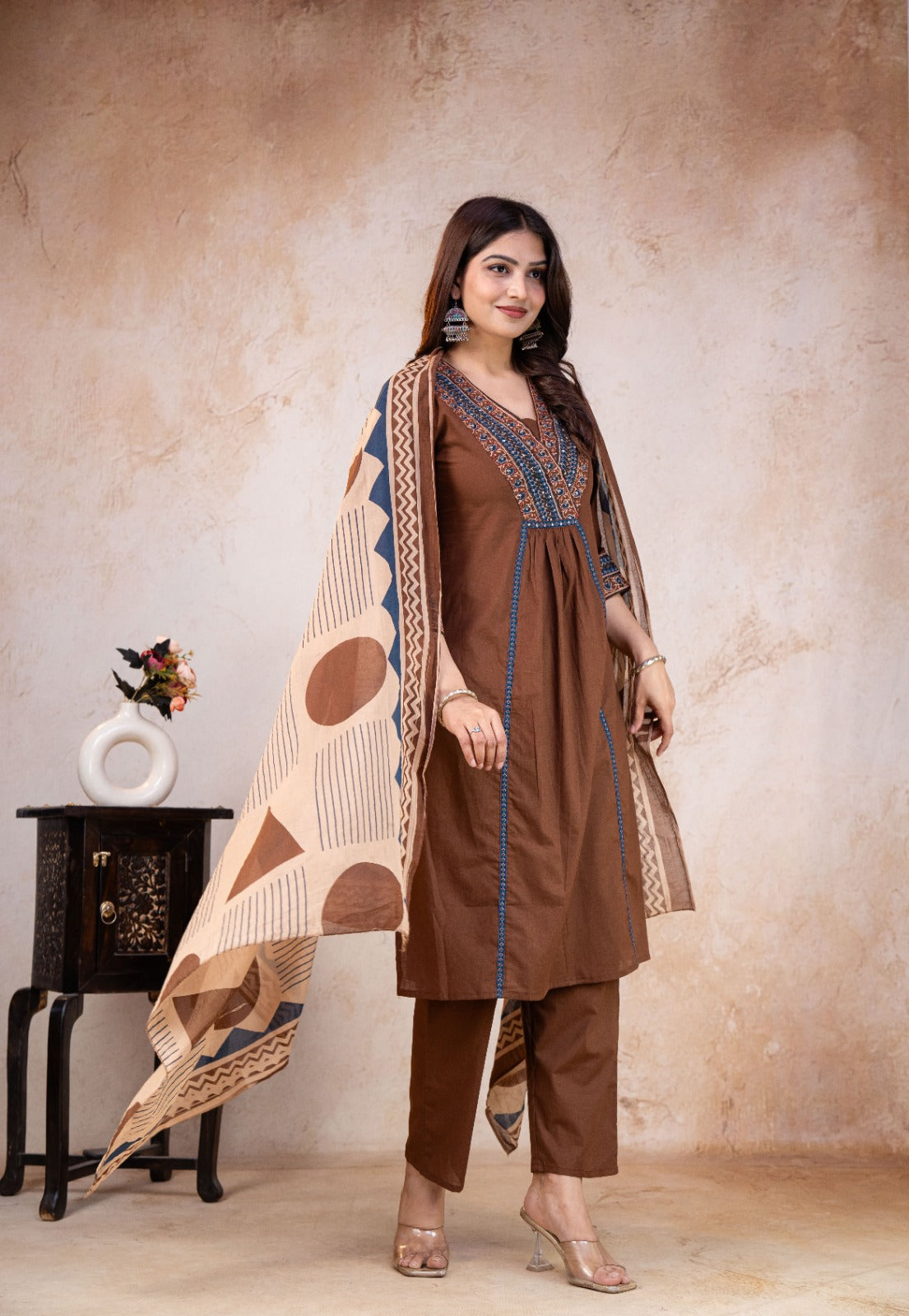 TATVANI Adda Work Cotton Kurta Set with Printed Dupatta