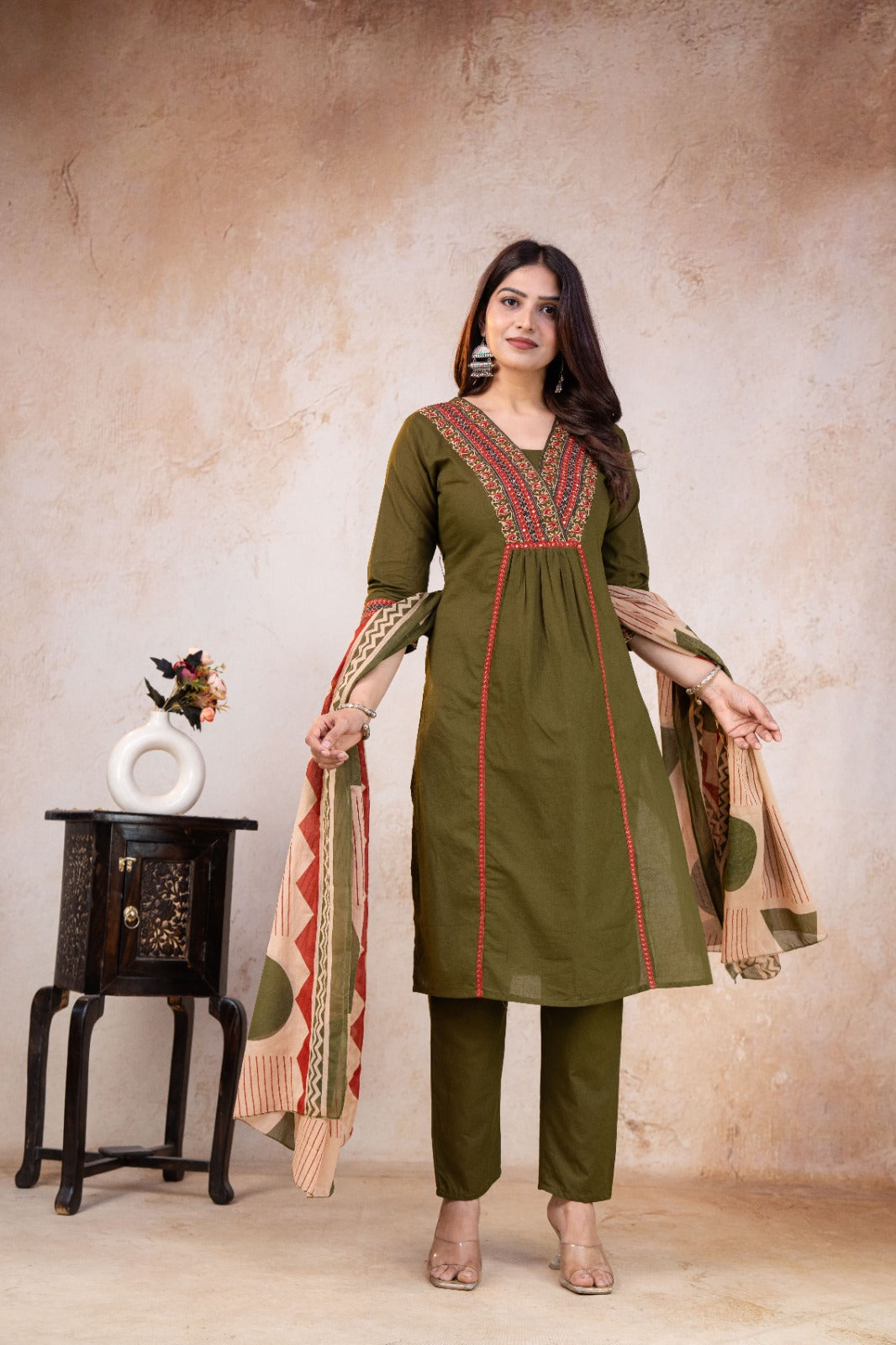 TATVANI Adda Work Cotton Kurta Set with Printed Dupatta