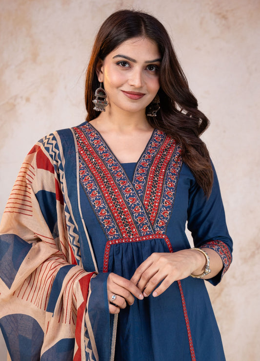 TATVANI Adda Work Cotton Kurta Set with Printed Dupatta