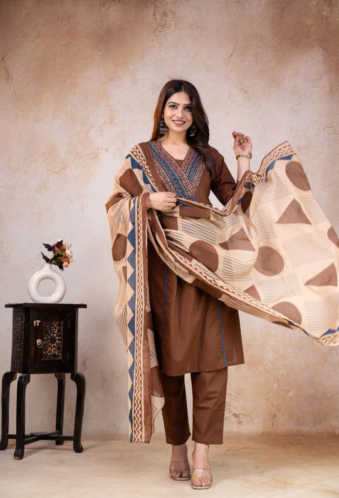 TATVANI Adda Work Cotton Kurta Set with Printed Dupatta