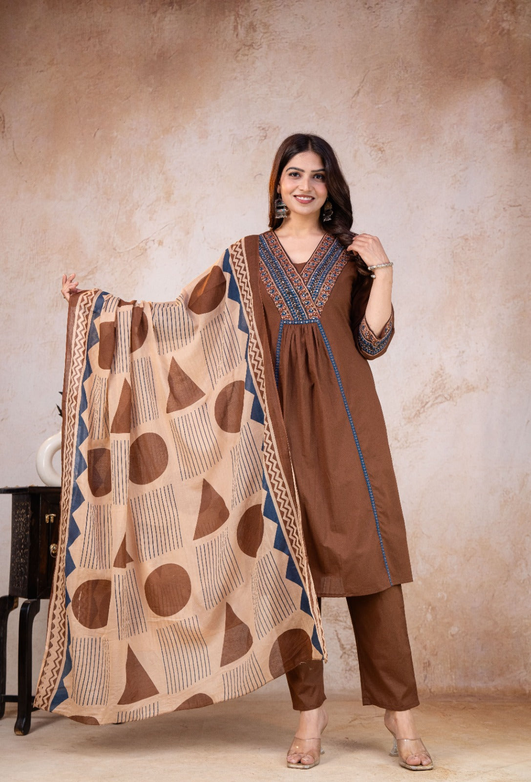 TATVANI Adda Work Cotton Kurta Set with Printed Dupatta