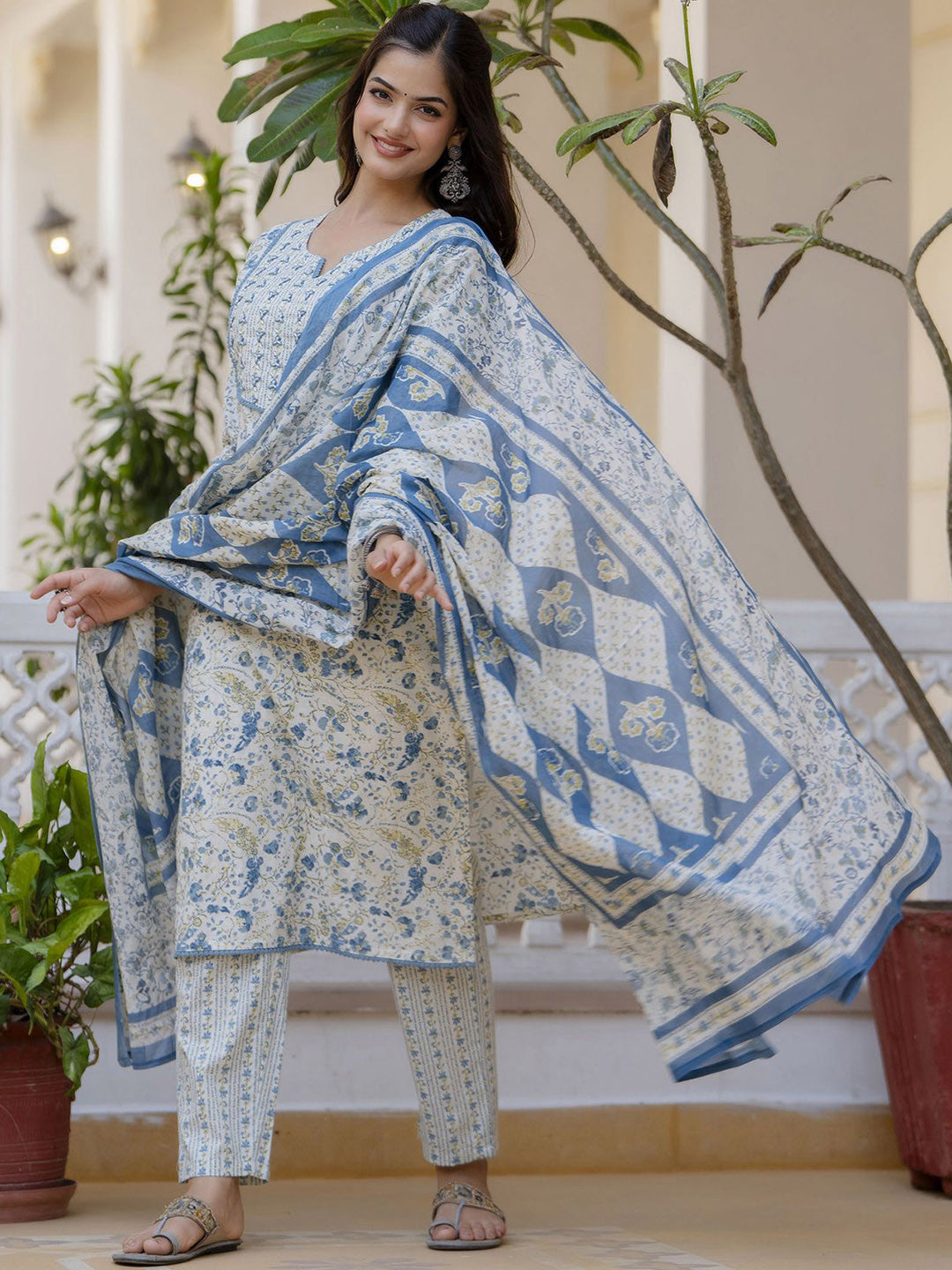 TATVANI Printed Cotton Kurta Set with Hand Work and Dupatta