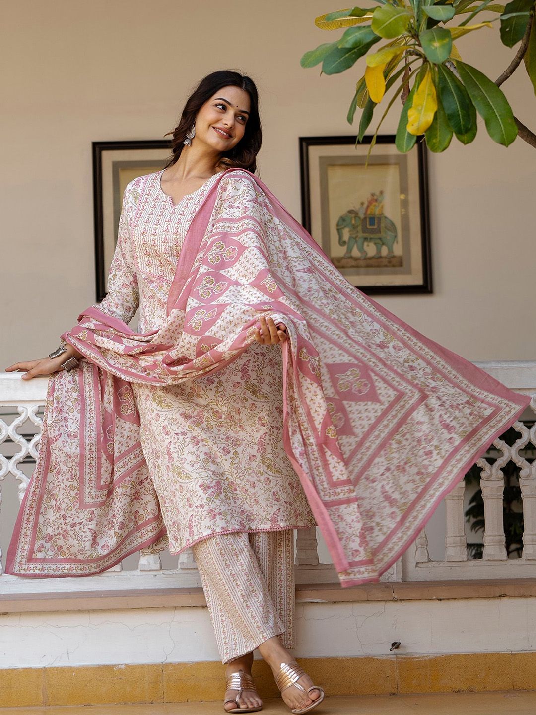TATVANI Printed Cotton Kurta Set with Hand Work and Dupatta