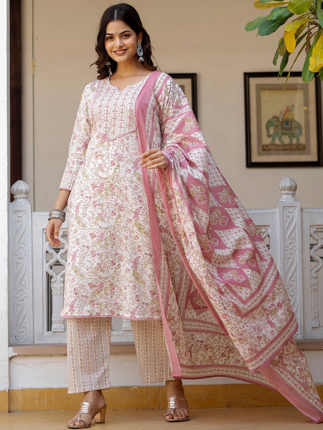 TATVANI Printed Cotton Kurta Set with Hand Work and Dupatta