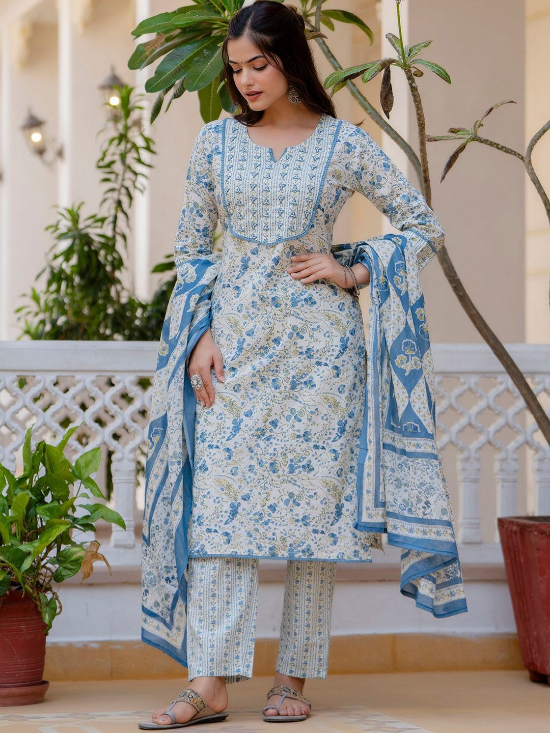 TATVANI Printed Cotton Kurta Set with Hand Work and Dupatta