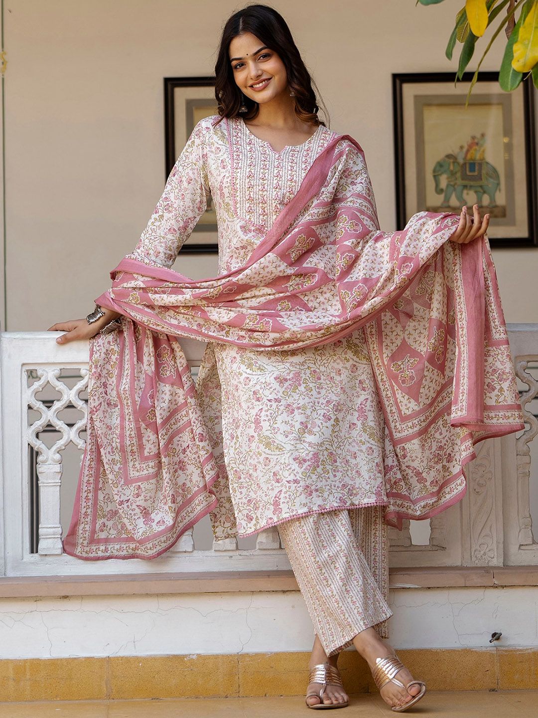 TATVANI Printed Cotton Kurta Set with Hand Work and Dupatta