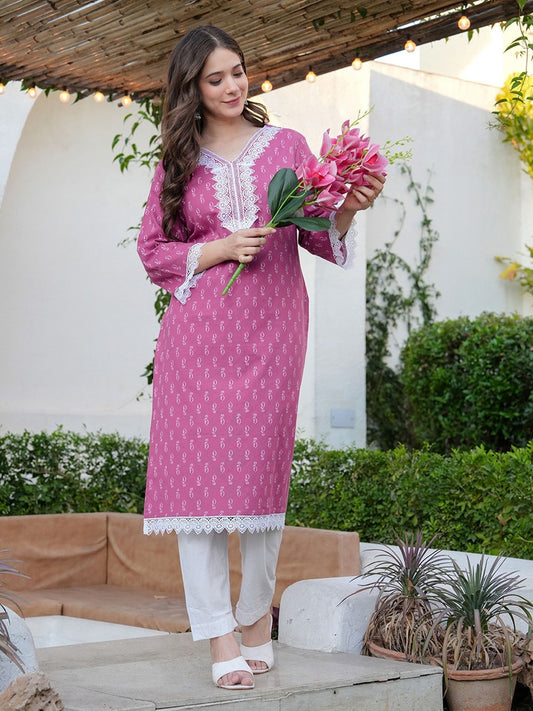 TATVANI Printed Rayon Straight Kurti with Lace Work
