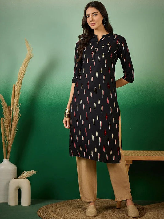 TATVANI Black Printed Rayon Straight Kurti