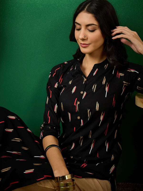 TATVANI Black Printed Rayon Straight Kurti