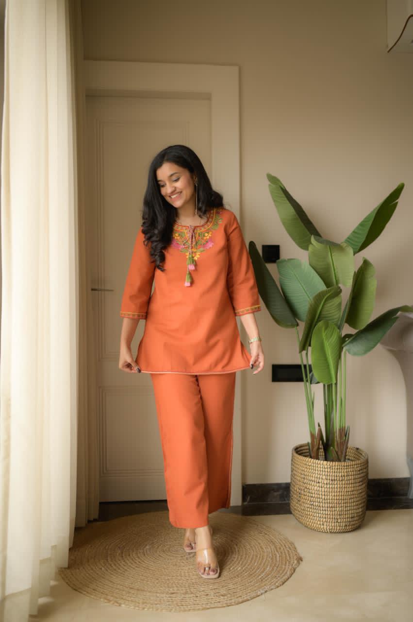 TATVANI Premium Embroidered Cotton Slub Co-Ord Set