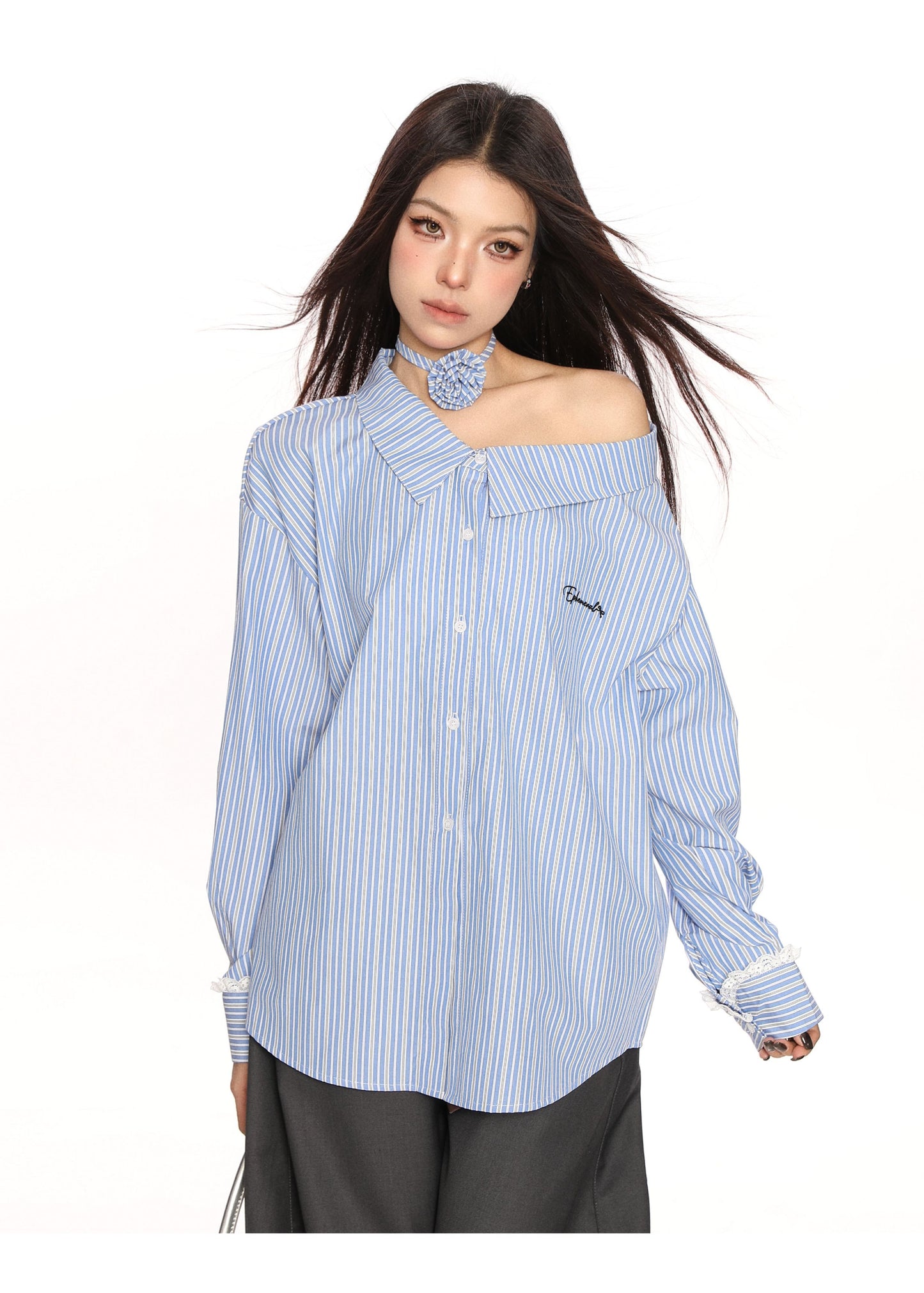 Blue Striped Shoulder Slimming Shirt Women's Long-sleeved Top