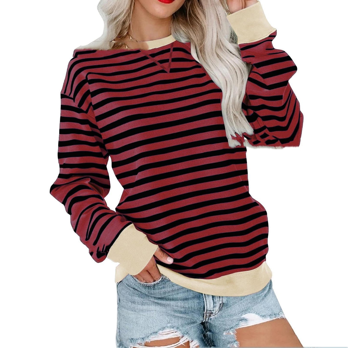 Striped Contrast Color Round Neck Trendy Long-sleeve