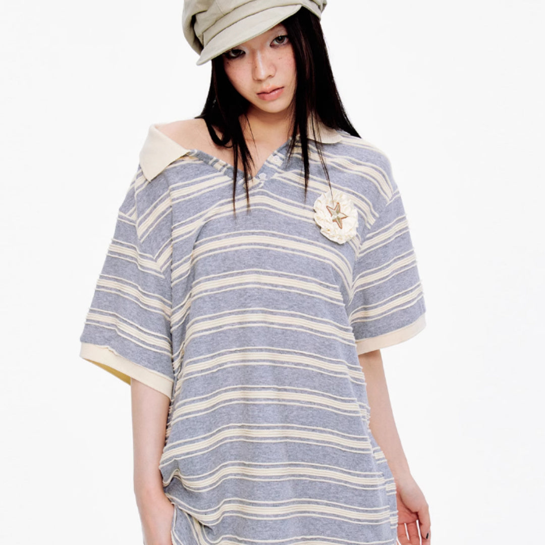 Collar 3D Striped Loose Lazy Sloping Shoulder Top