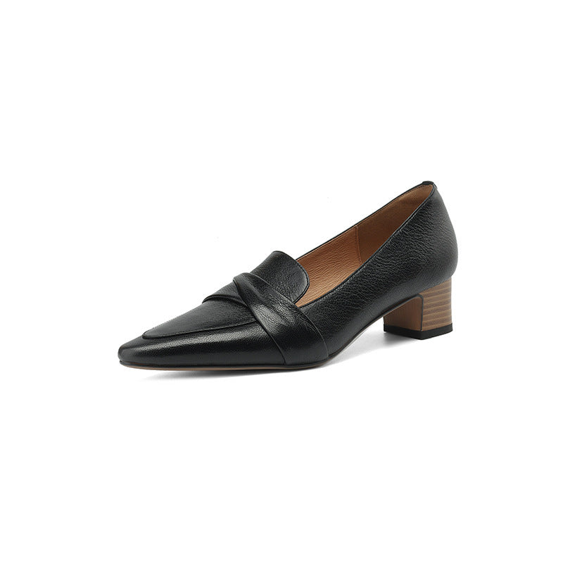 Black Leather Loafer with Low Stacked Heel